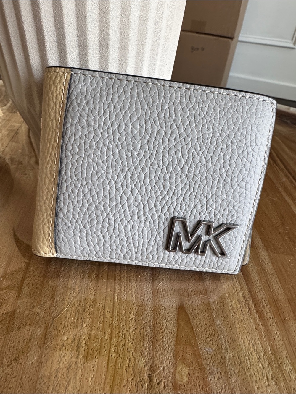 Michael Kors Men’s Pebbled Leather Bi-Fold Wallet in Light Gray with Beige Trim